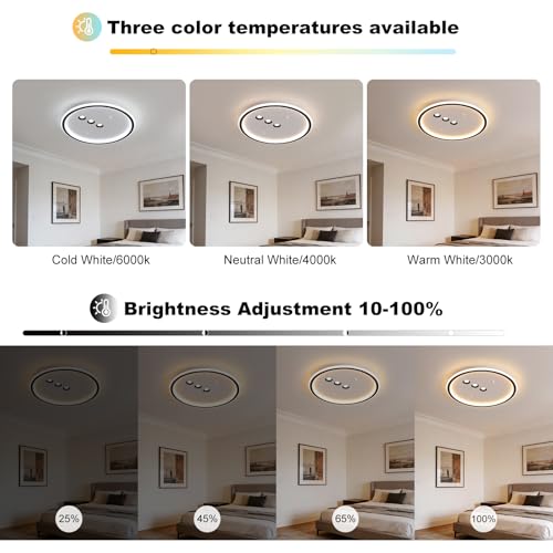 Modern Round LED Flush Mount Ceiling Light with Black Finish & 3 Spotlights