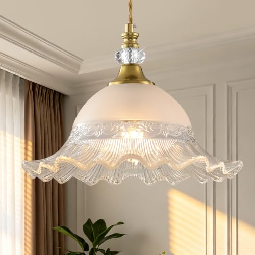 1 Pack Vintage Brushed Gold Crystal Transparent Glass Pendant Light Fixture (Golden / 1-Light)