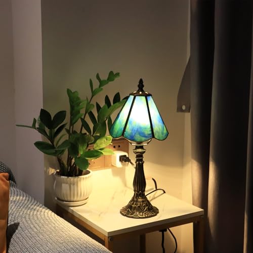 Small Tiffany Style Table Lamp Sea Blue Stained Glass Lamp 14 Inch