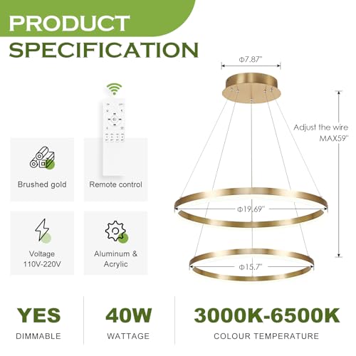 2 Rings Modern LED Chandelier Gold for Dining Room (2 Count)