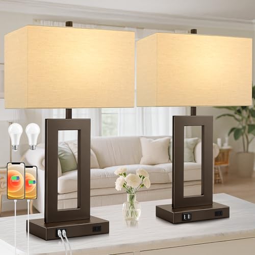 28" Brown Modern Table Lamp Set of 2 with 2 USB Ports&AC Outlet (2 Count)