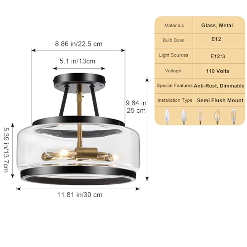 11.8" Black and Gold Semi Flush Mount Ceiling Light