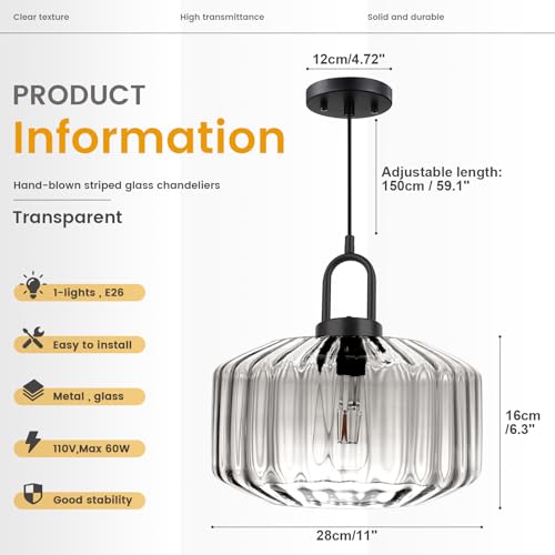 Clear Glass Pendant Light Fixture Kitchen Island Farmhouse Dining Room Pendant Lights Striped Wave Globe Lamp Shade Black Metal Light fixtures Modern Glass Ceiling Hanging Lighting