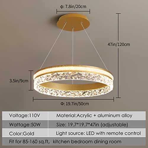Modern LED Chandelier 1 Ring 19.7in Pendant Lighting for Kitchen Island 50W Dimmable LED Pendant Ceiling Light Gold Hanging Light with Remote for Kitchen Dining Room Bedroom Living Room
