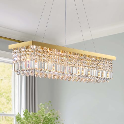 Rectangle K9 Crystal Chandelier Modern Gold Crystal Chandelier Rectangular Pendant Lighting Fixture for Dining Room Kitchen Island Bedroom L40'' x W10'' x H10''