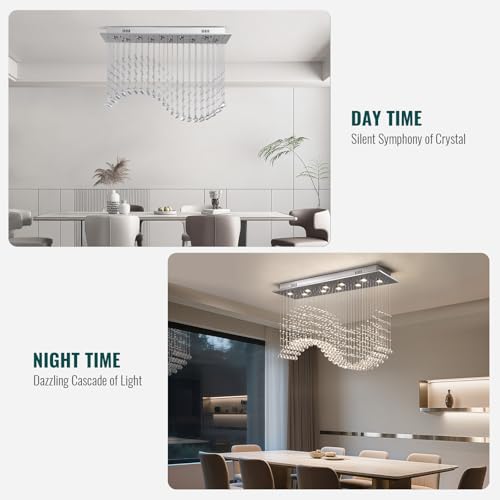 Modern Wave Crystal Chandelier for Dining Room 10 Lights Luxury Rectangular Flush Mount Crystal Ceiling Light for Living Room Kitchen Island Length 40 Inch