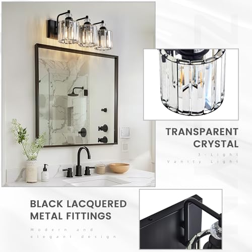 3 Light Black Bathroom Light Fixtures Over Mirror Modern Vanity Lights Crystal Wall Sconce Vintage Bathroom Lighting with Crystal Shade E26 Base for Bedroom