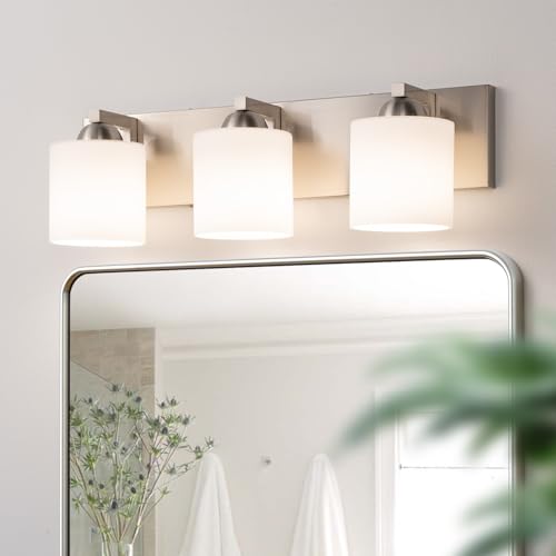 3 Light Brushed Nickel Bathroom Vanity Light with White Glass Shades