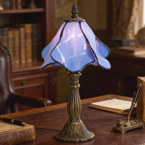 Small Tiffany Table Lamp Blue Morning Glory Style W8H14.5 Inch