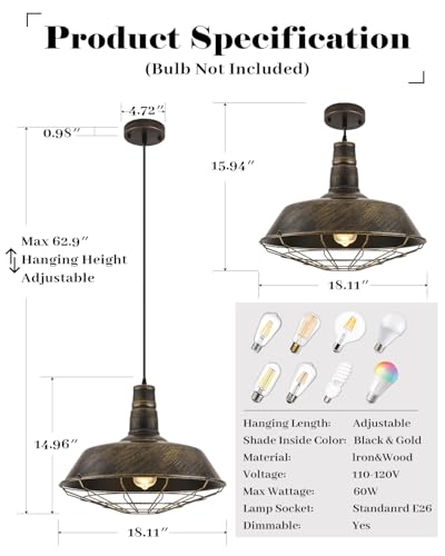 Brass Industrial Pendant Lights 2 Packs