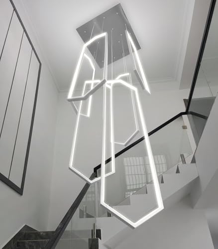 6 Rings Modern Chandelier LED Dimmable Long Large High Ceiling Chandelier Adjust Flush Mount Ceiling Light for Entrance Foyer Lobby Staircaes (6 Count)