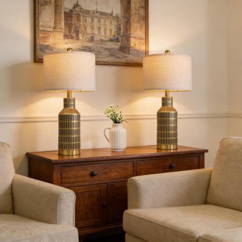 25" Gold and Black Modern Ceramic Bedside Lamp Set of 2 for Bedroom Decor Farmhouse Table Lamp for Living Room Office Dorm