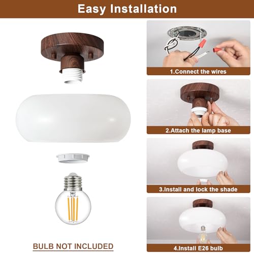 Mid Century Modern Faux Walnut Wood Semi Flush Ceiling Light 8.66 Inch