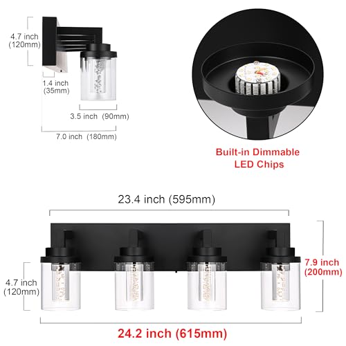 4 Light Dimmable Black Vanity Lights for Bathroom 3000K