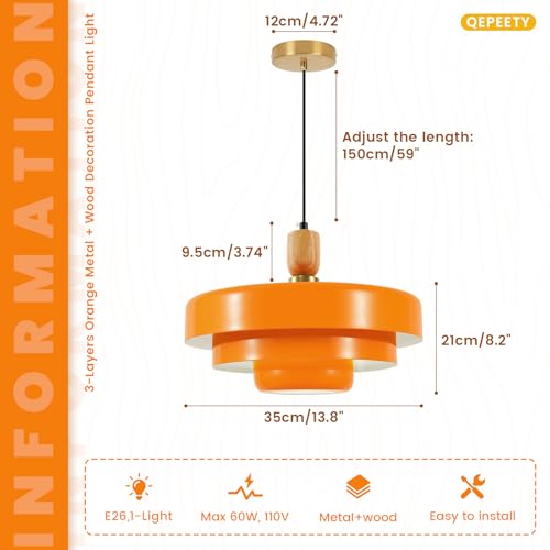Orange Pendant Light with Wooden Dome
