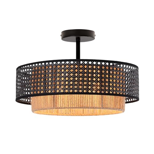 Black Boho Wicker Ceiling Light Fixture