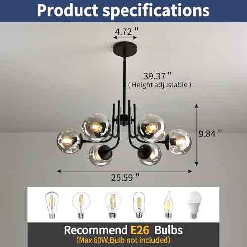 6 Light Glass Globe Sputnik Chandeliers Modern Matte Black Ceiling Light Fixture Semi Flush Mount Ceiling lamp for Living Room Dining Room Farmhouse Bedroom Kitchen