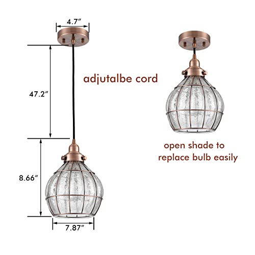 Kitchen Pendant Light Red Antique Copper with Cracked Glass Shade