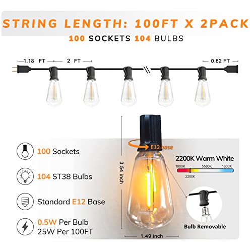 Outdoor String Lights 200FT Vintage Edison String Lights with 104 Shatterproof ST38 Bulbs LED Dimmable Warm 2200K Plastic Patio Lights Outdoor Waterproof for Yard Gazebo Market Bistro Lights