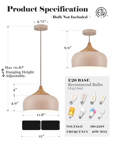 12 Inch Modern Japandi Pendant Light for Kitchen Island Farmhouse Hanging Lamp with Faux Pine Wood Grain Metal Shade