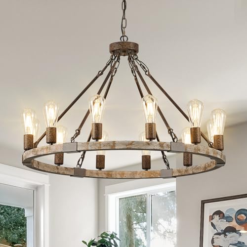 Farmhouse Wagon Wheel Chandelier 31" Wooden Chandelier Light Fixture 12