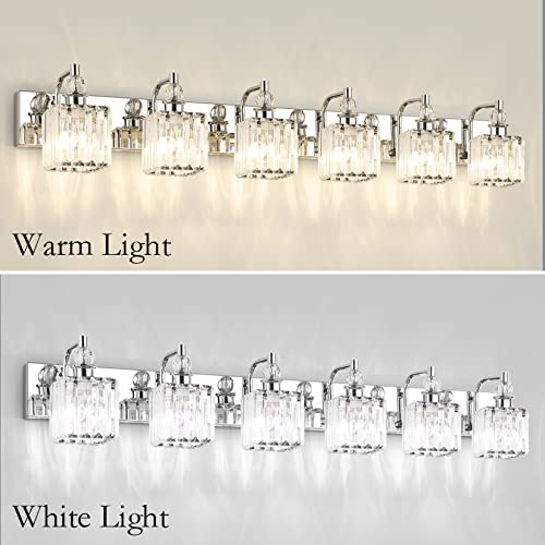 Crystal Vanity Light 6 Light 48''Modern Chrome Bathroom Vanity Lighting Over Long Mirror Crystal Bathroom Wall Lighting Fixtures