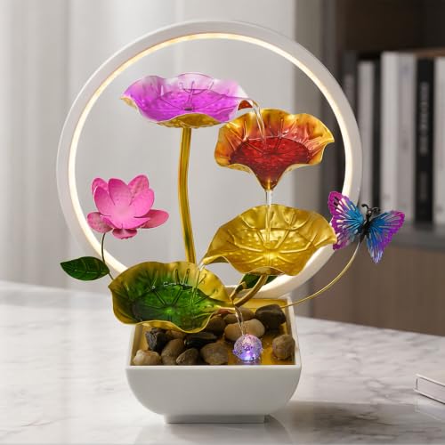 Tabletop Fountain Metal Lotus Indoor Fountain Water Feature for Zen Home Office Fengshui Decor Warm Light