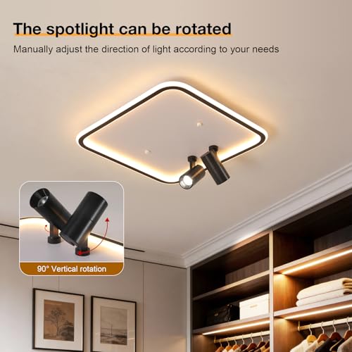 Modern Square LED Flush Mount Ceiling Light with 2 Spotlights