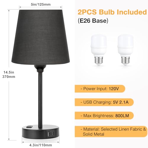 Black Bedside Lamps Set 2 for Bedroom (2 Count)