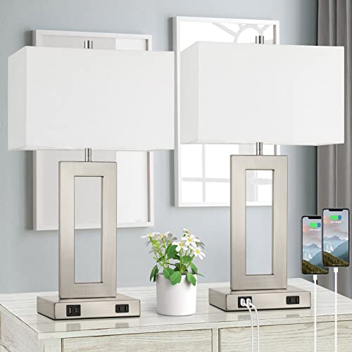 22" Silver Modern Table Lamp Set of 2 with 2 USB Ports&AC Outlet (2 Count)