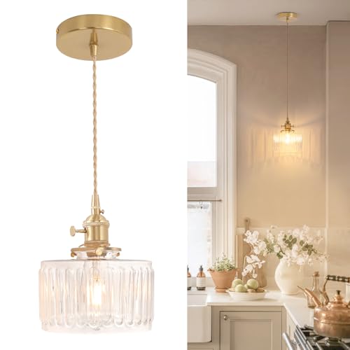 Pendant Light with Clear Striped Glass Lmapshade