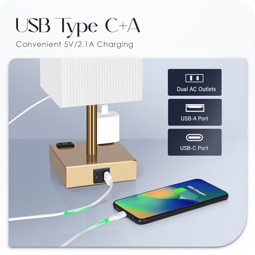 Set of 2 Bedside Table Lamp 3 Way Dimmable Nightstand Lamp with USB C & USB A Charging Port (2 Count)