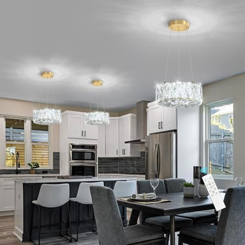 Modern Crystal Chandelier for Dining Room Dimmable LED Pendant Ceiling Light Fixtures with Remote for Entrance Bedroom Kitchen Island Gold