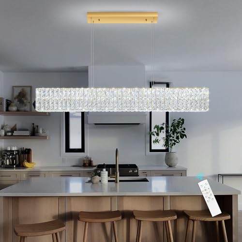 Rectangular Crystal Chandelier with Dimmable LED Lights Dining Room Remote Ceiling Pendants Lighting Fixtures for Kitchen Island Gold