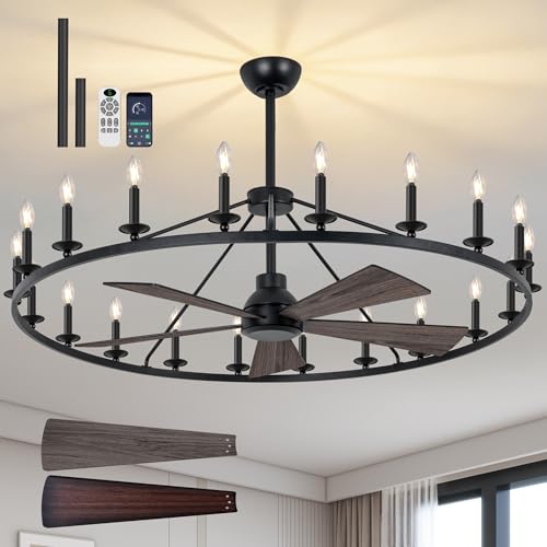 50" Black Wagon Wheel Chandelier with Fans