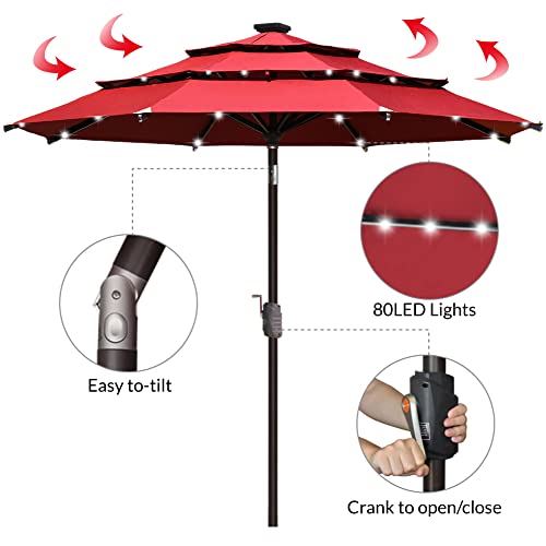 USA 10-Year-Non-Fading 9ft 3-Tier Market Patio Umbrella, Commercial Table Umbrella with 80 Solar LED Lights, Crank Open, Windproof & UPF 50+ UV Protection for Garden, Deck, Pool, Backyard, Logo Red