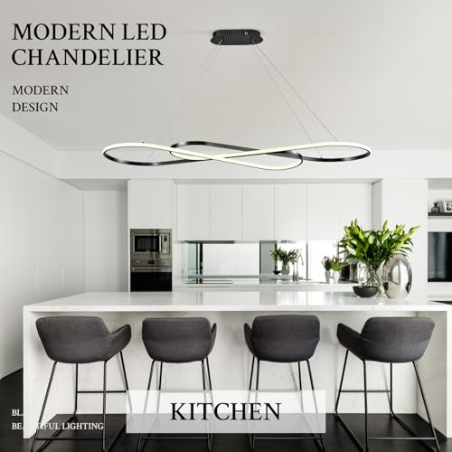 Modern LED Chandelier Black Dimmable LED Pendant Light for Dining Room Light Fixture Over Table Modern Kitchen Island Lighting High Ceiling with Remote for Living Room
