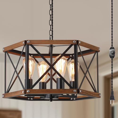4 Light Large Rustic Farmhouse Plug in Pendant Light Fixture with Adjustable Chain