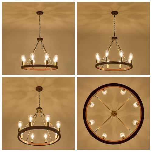 Farmhouse Wagon Wheel Chandelier 24" Rustic Gold Chandelier for Dining Room