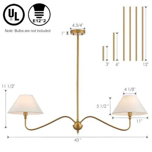 Modern Gold Linear Chandelier for Kitchen Island, 2-Light Linear Light Fixture with Off-White Fabric Shade, Rustic Pendant Light for Dining Room