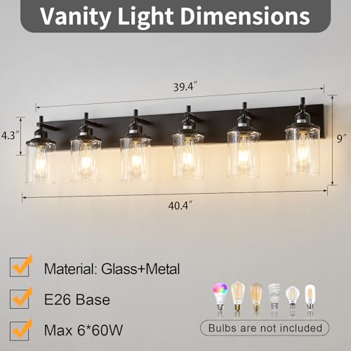 6 Light Black Bathroom Light Fixture Over Mirror Modern Farmhouse Bathroom Vanity Light Vintage Wall Lighting with Clear Glass Shade for Bathroom
