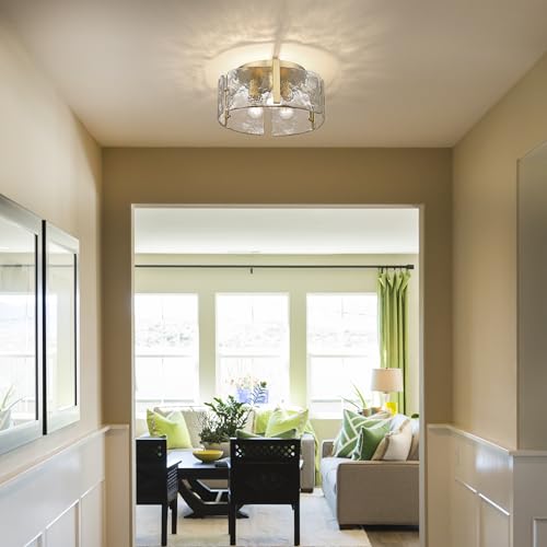 Aenon 3 Light Hammered Water Glass Metal Flush Mount in Bronze