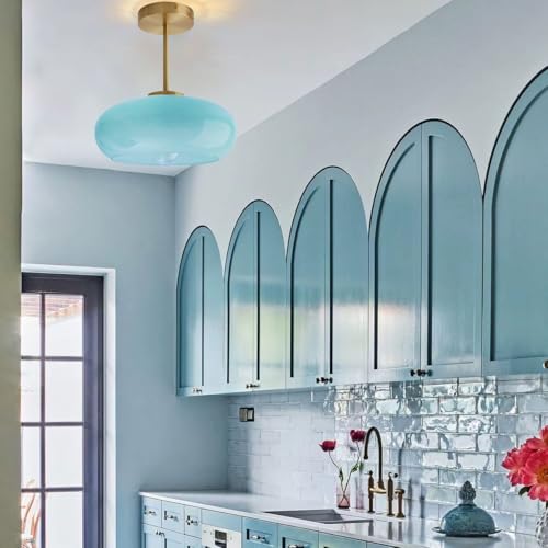 Semi Flush Mount Ceiling Light Blue Glass Ceiling Lights 11" Large Globe Shade Vintage Brushed Gold Brass Flush Mount Lamp Modern Close to Light Fixture for Hallway Bedroom Entrance