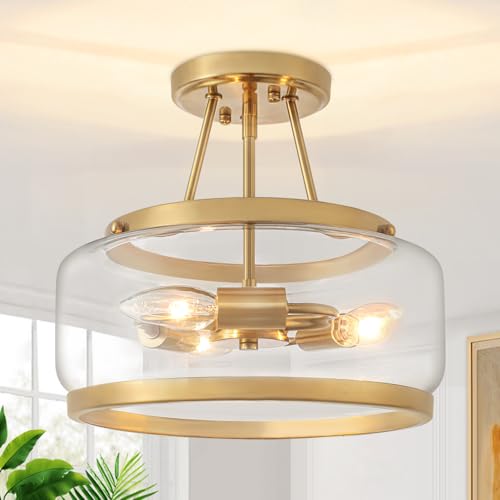 Brushed Gold Semi Flush Mount Ceiling Light Modern Glass Light Fixtures