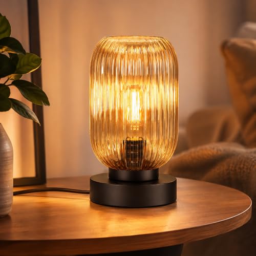 Mid Century Modern Table Lamp with Amber Ribbed Glass Shade