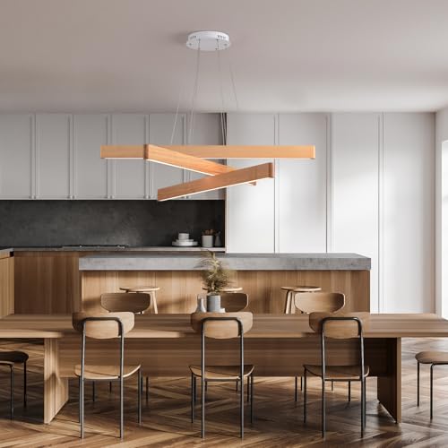 3 Light Solid Wood Natural Linear Pendant Light Modern LED Pendant Light Dimmable Chandelier for Dining Room Table Kitchen Island Living Room Ceiling (3 Count)