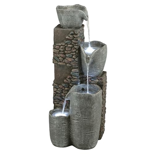 HIM562 Outdoor 4 Tier Stone Bowl Fountain with LED Lights for Garden