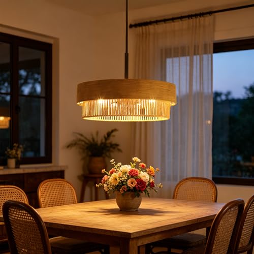 23.6" Large Wood Texture Drum Chandelier for Dining Room with Woven Rattan
