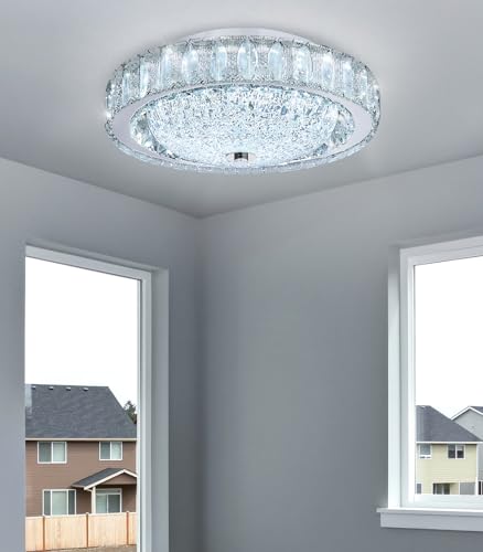 11.8" Modern Mini Crystal Chandelier Dimmable LED Flush Mount Ceiling Light with Remote Control for Bedroom Hallway Dining Room Silver