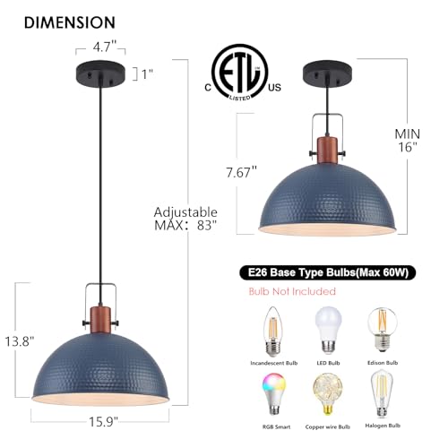 16 Inch Blue Pendant Lights Hammered Matte Pendant Lights for Kitchen Island Industrial Farmhouse Adjustable Height Dome Hanging Light Fixtures for Barn